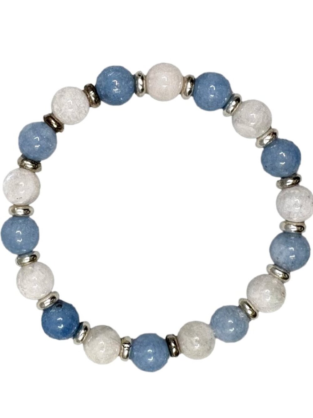 8mm Natural Aquamarine White Moonstone Gemstone Stretch Bracelet Silver Bead